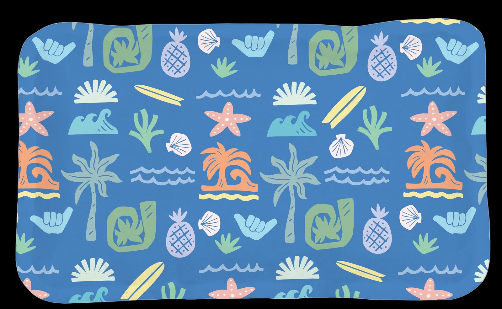 a blue placemat with a pattern of palm trees and surfboards