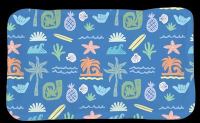 a blue placemat with a pattern of palm trees and surfboards