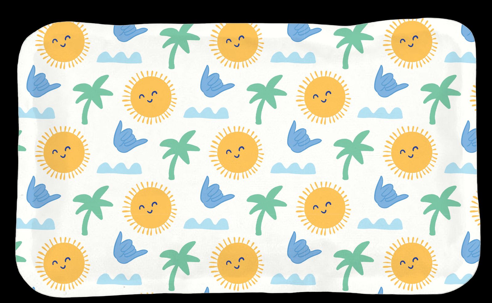 a white tray with a pattern of sun and palm trees