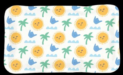 a white tray with a pattern of sun and palm trees