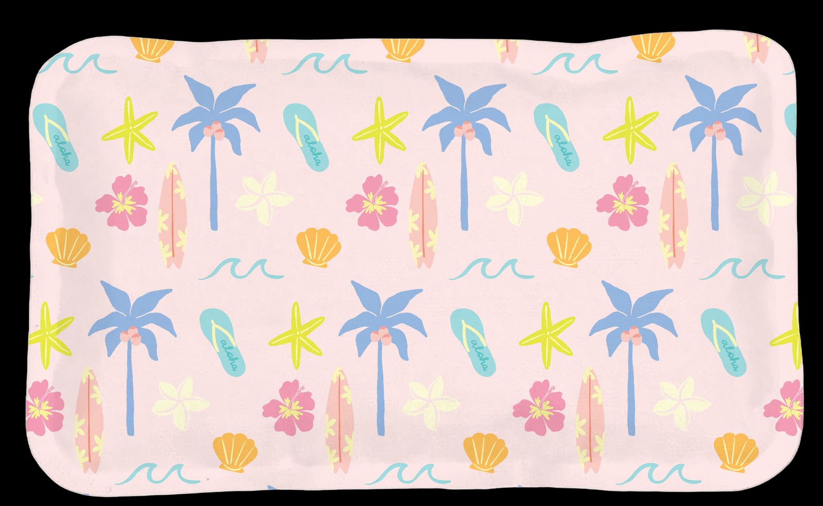 a pink tray with palm trees and flowers on it