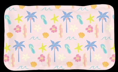 a pink tray with palm trees and flowers on it