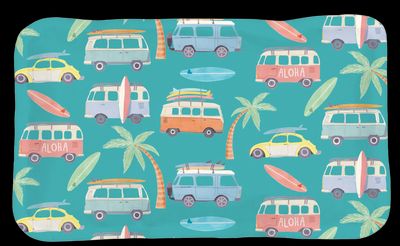 a surfboard, surfboard, van, and palm trees on a blue background