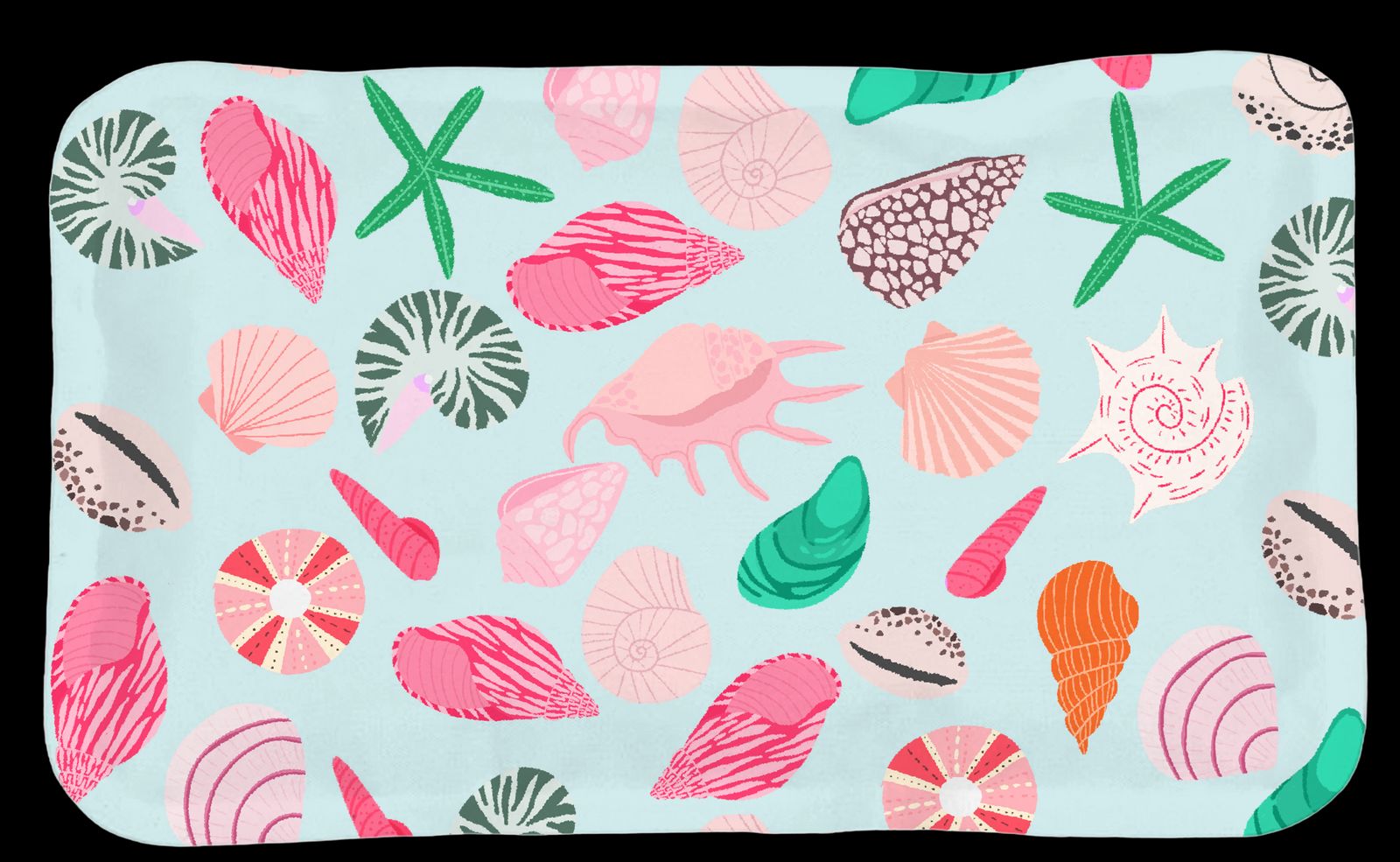 a blue tray with pink, green, and orange seashells on it