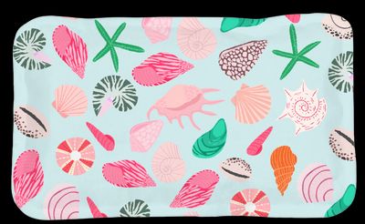 a blue tray with pink, green, and orange seashells on it