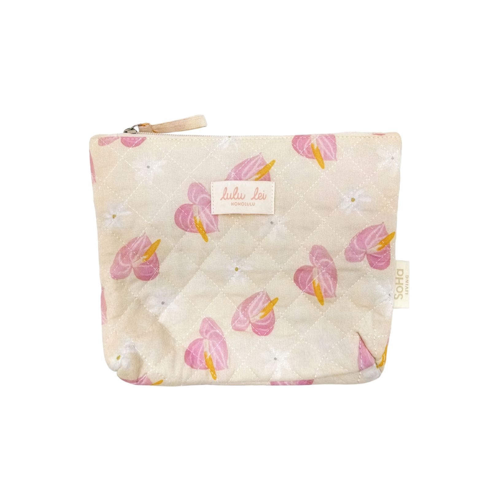 a pink and yellow purse with pink flowers on it