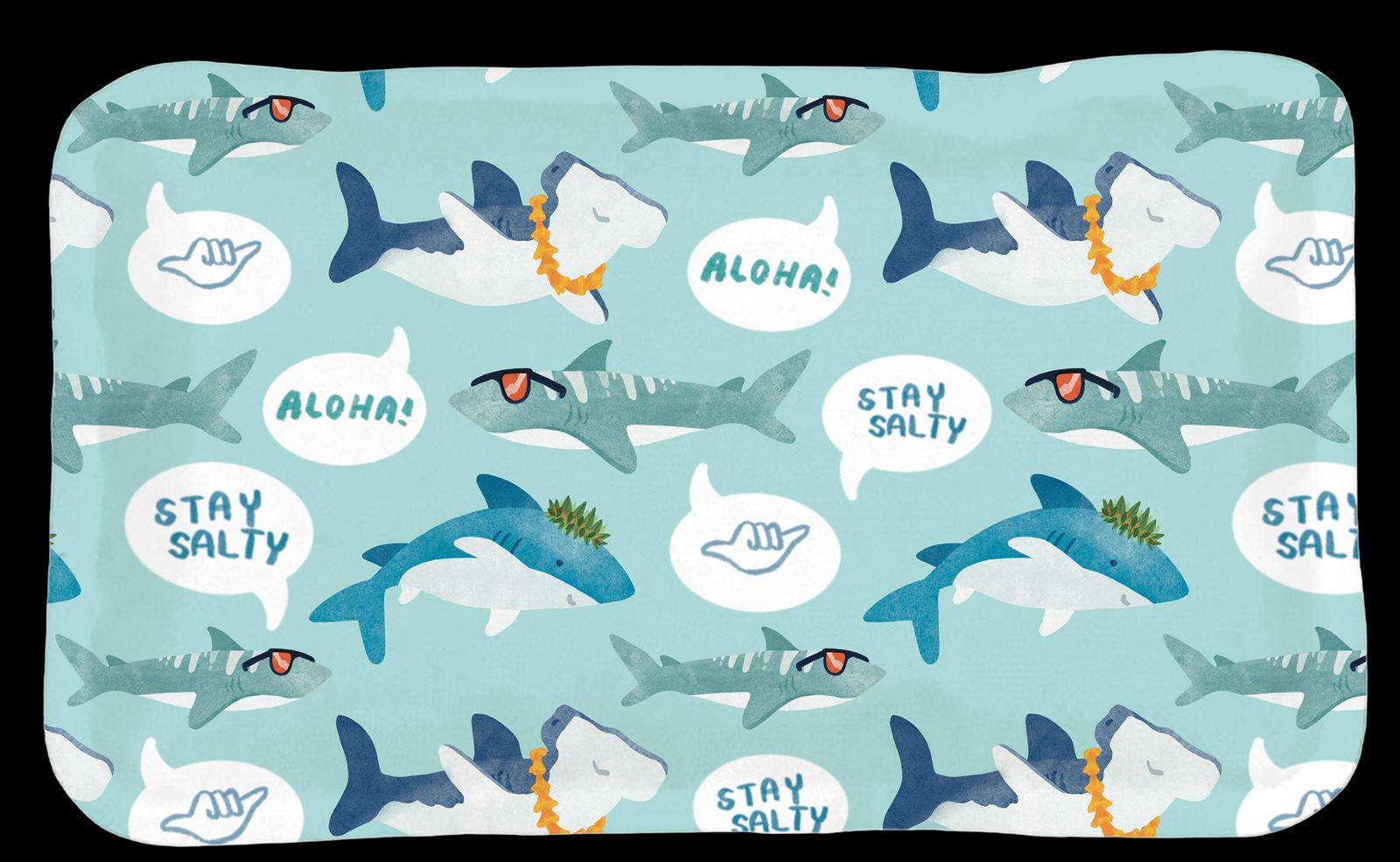 a tray with sharks and speech bubbles on it