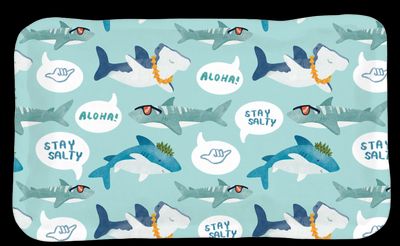 a tray with sharks and speech bubbles on it