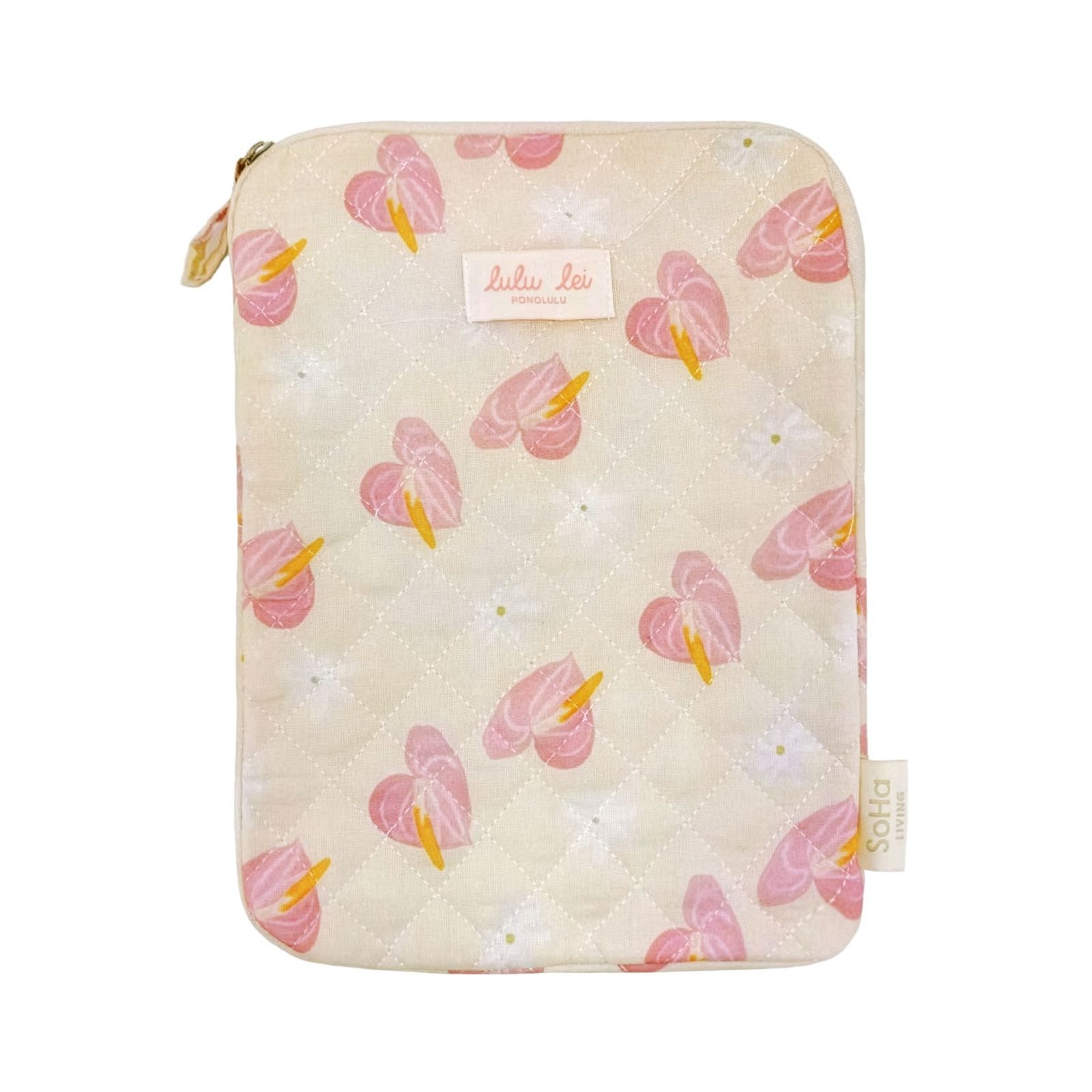 a pink and yellow ipad case with pink flamingos on it
