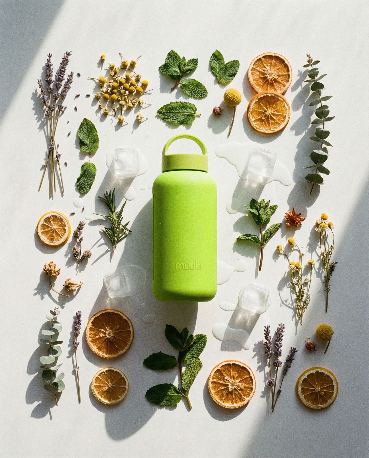 a green bottle surrounded by orange slices and herbs