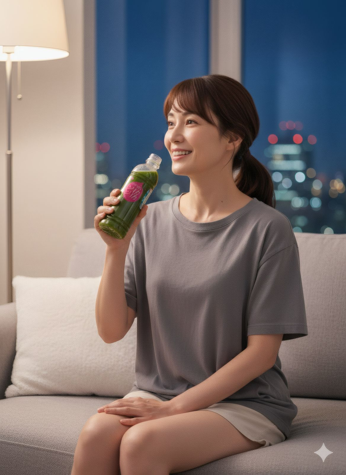 a woman sitting on a couch holding a bottle