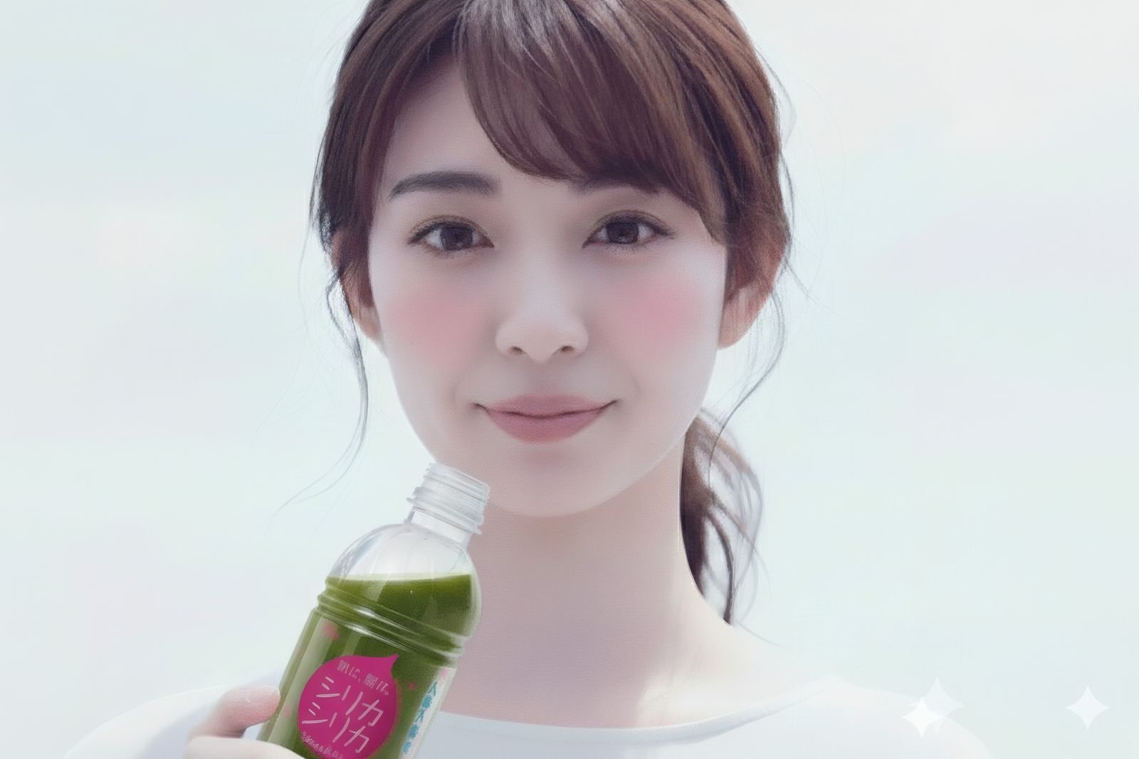 a woman holding a bottle of green juice