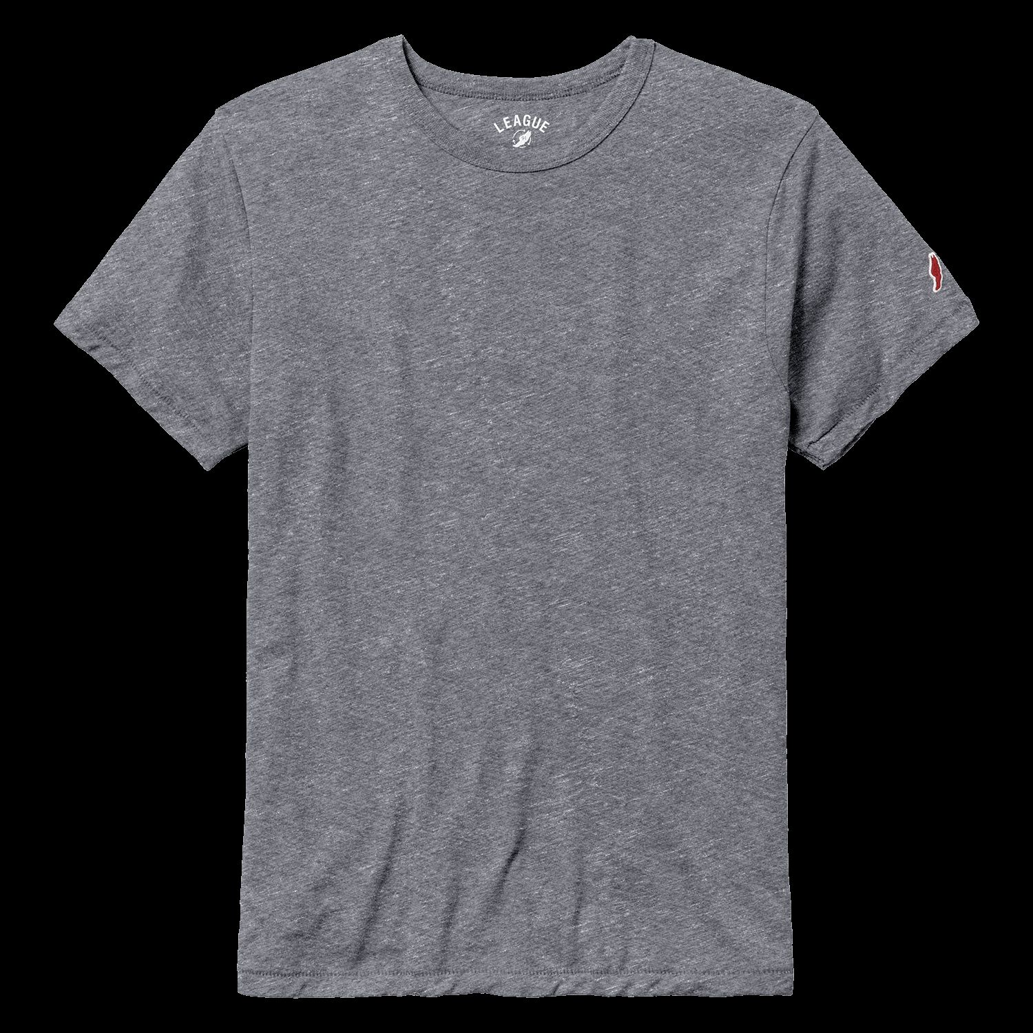 a grey t - shirt with a red and white logo on the chest