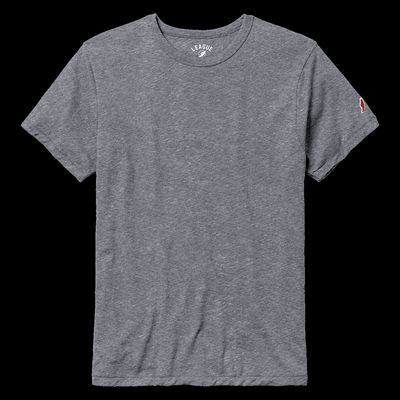 a grey t - shirt with a red and white logo on the chest