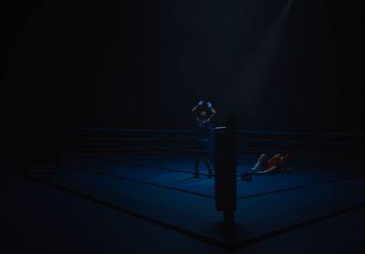 two people in a boxing ring in the dark