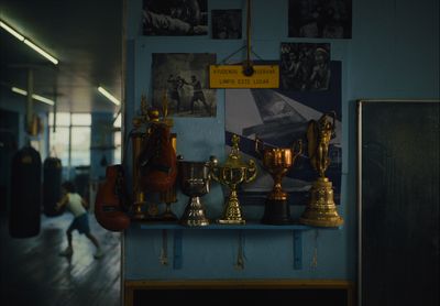 a room with a bunch of trophies on a shelf