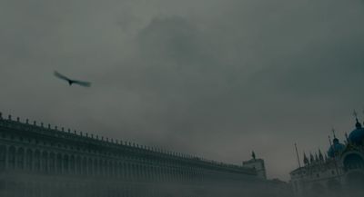 a bird flying over a large building on a cloudy day