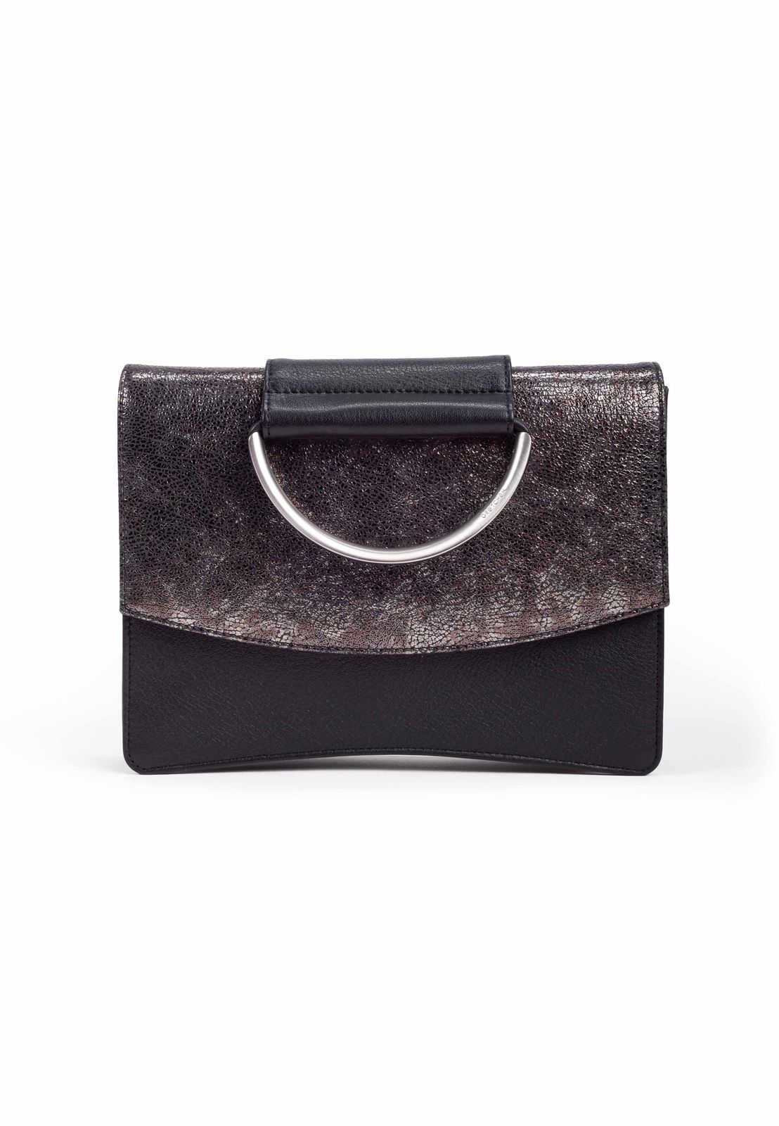 a black and silver purse with a circular handle