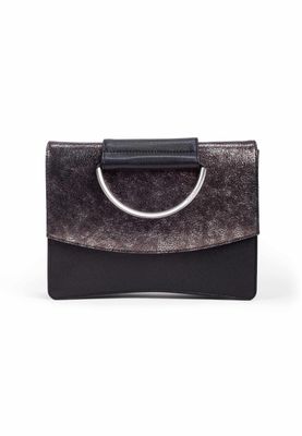 a black and silver purse with a circular handle