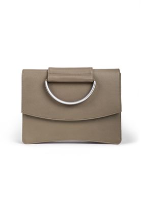 a gray purse with a metal ring on the front