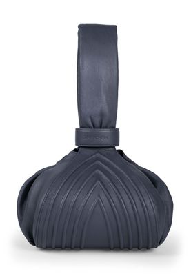 a blue handbag with a bow on the top of it