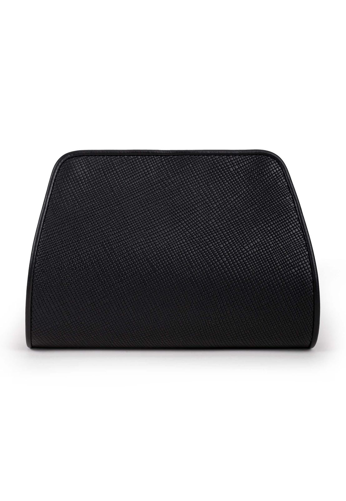 a black purse sitting on top of a white surface