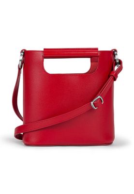 a red handbag with a metal handle