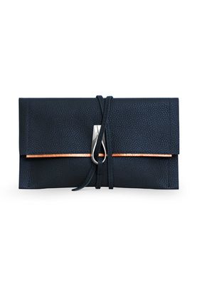 a black leather wallet with a metal clasp
