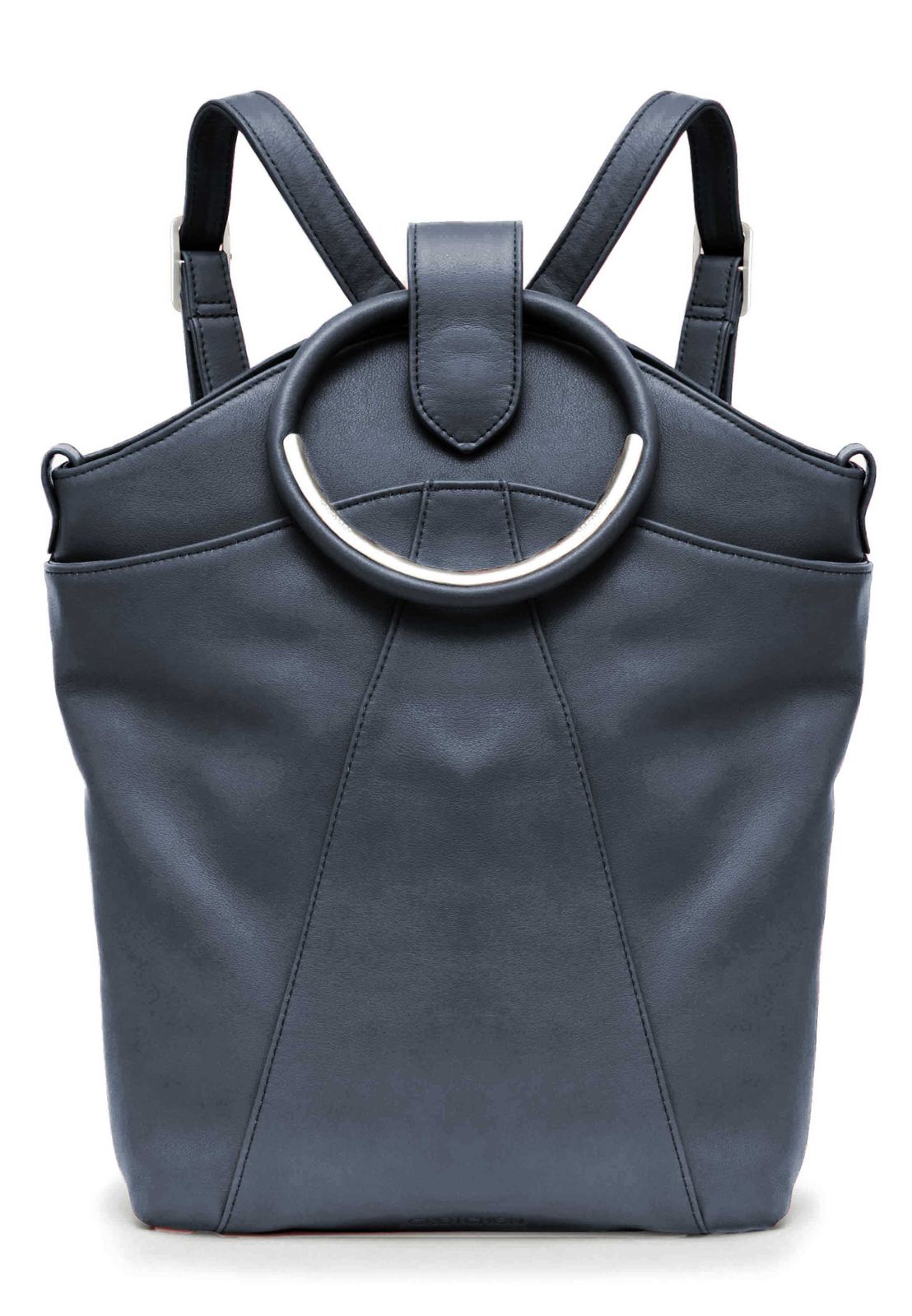 a gray handbag with a circular handle