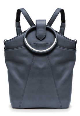 a gray handbag with a circular handle