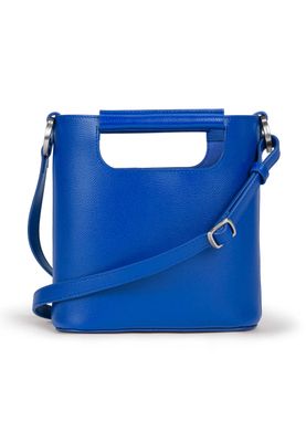 a blue handbag on a white background