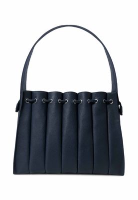 a black leather handbag with four handles