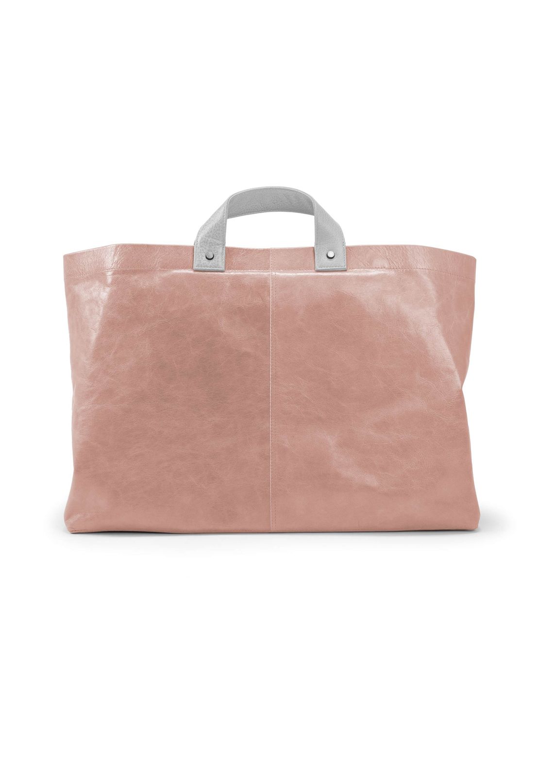 a pink leather bag with a handle on a white background