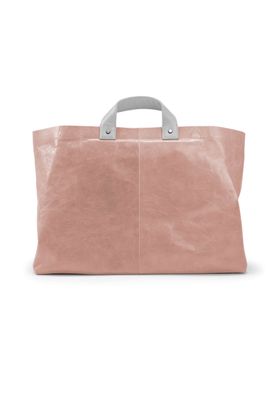 a pink leather bag with a handle on a white background