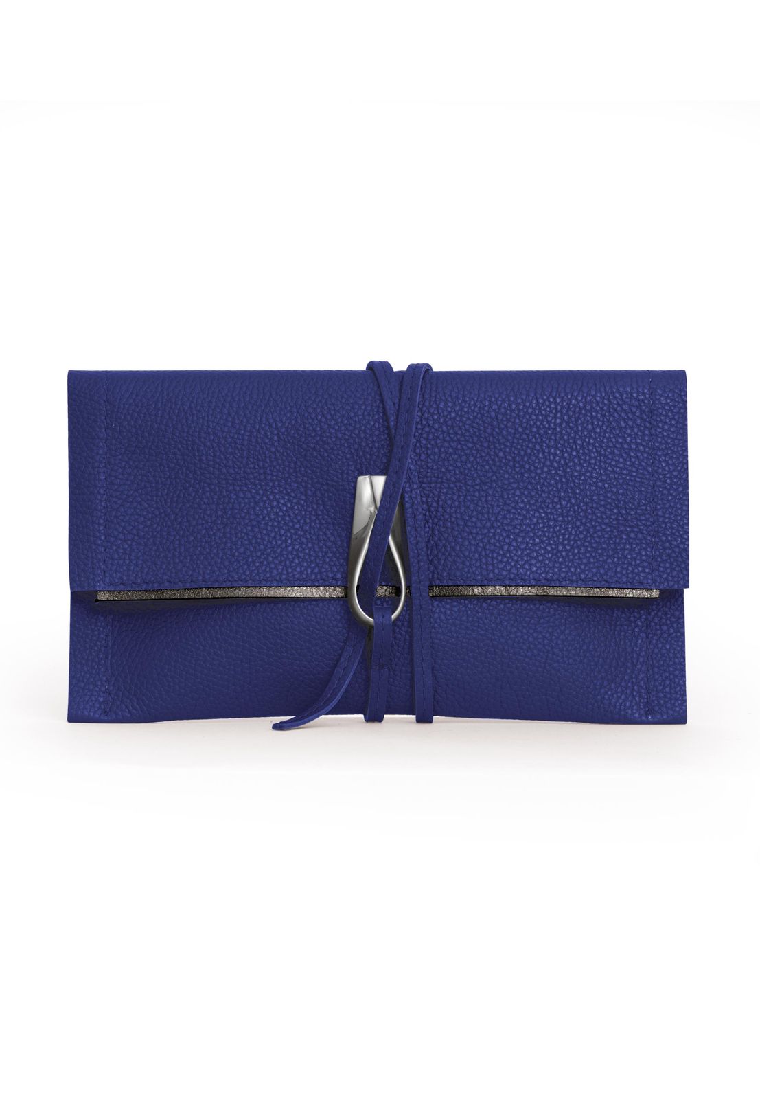 a blue clutch bag with a metal clasp