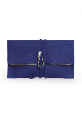 a blue clutch bag with a metal clasp