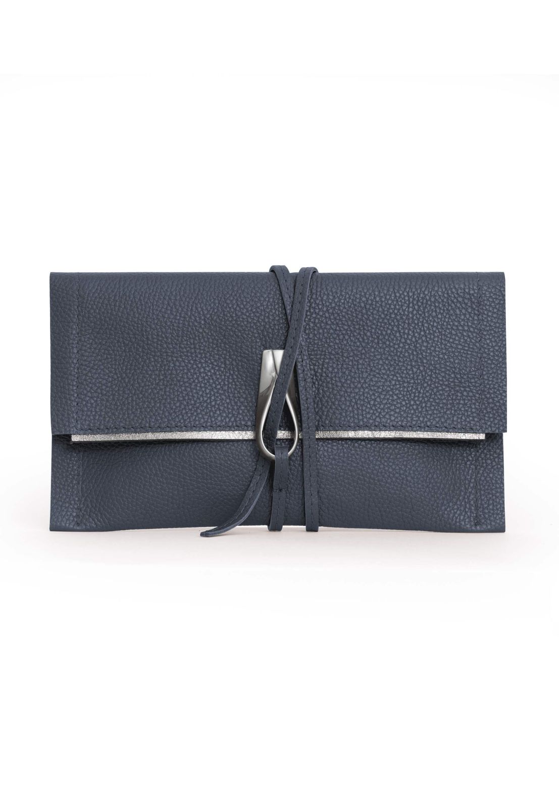 a blue leather wallet with a metal clasp