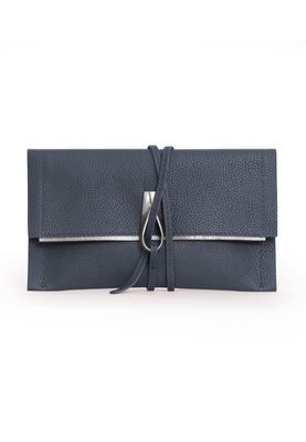 a blue leather wallet with a metal clasp