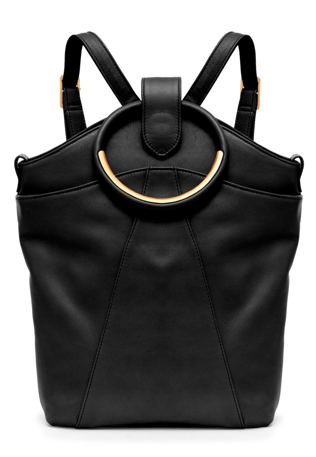 a black handbag with a circular handle