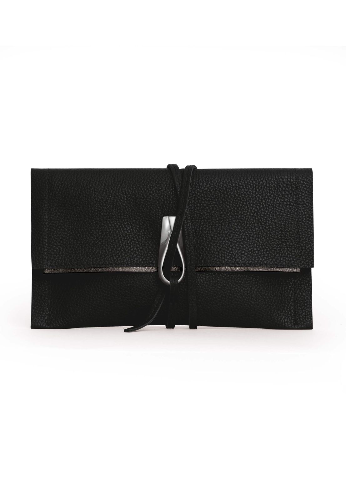 a black leather wallet with a metal clasp