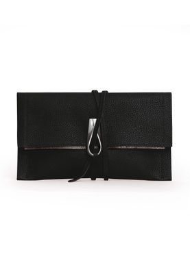 a black leather wallet with a metal clasp