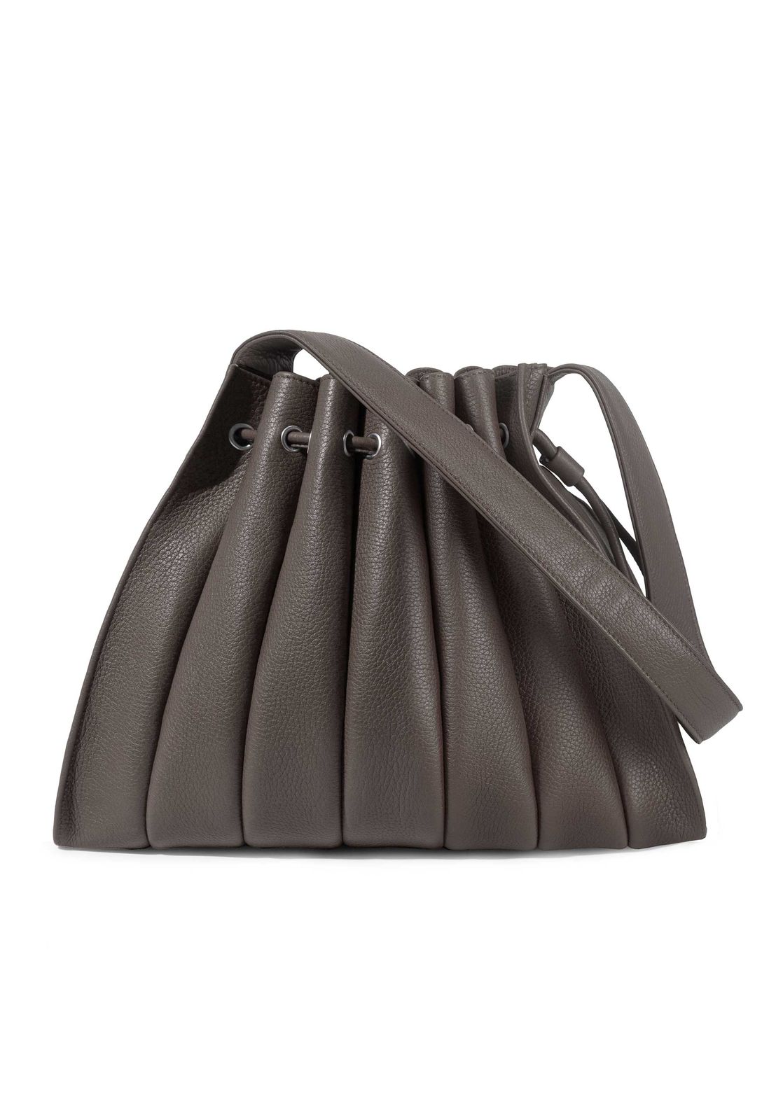 a gray handbag with a long strap