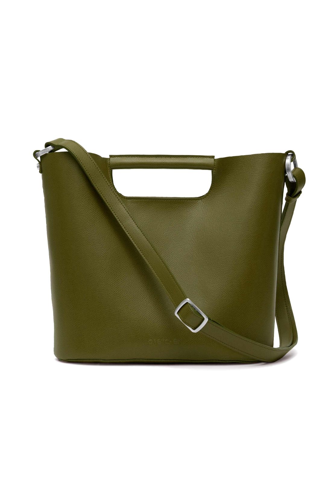 a green handbag with a metal handle