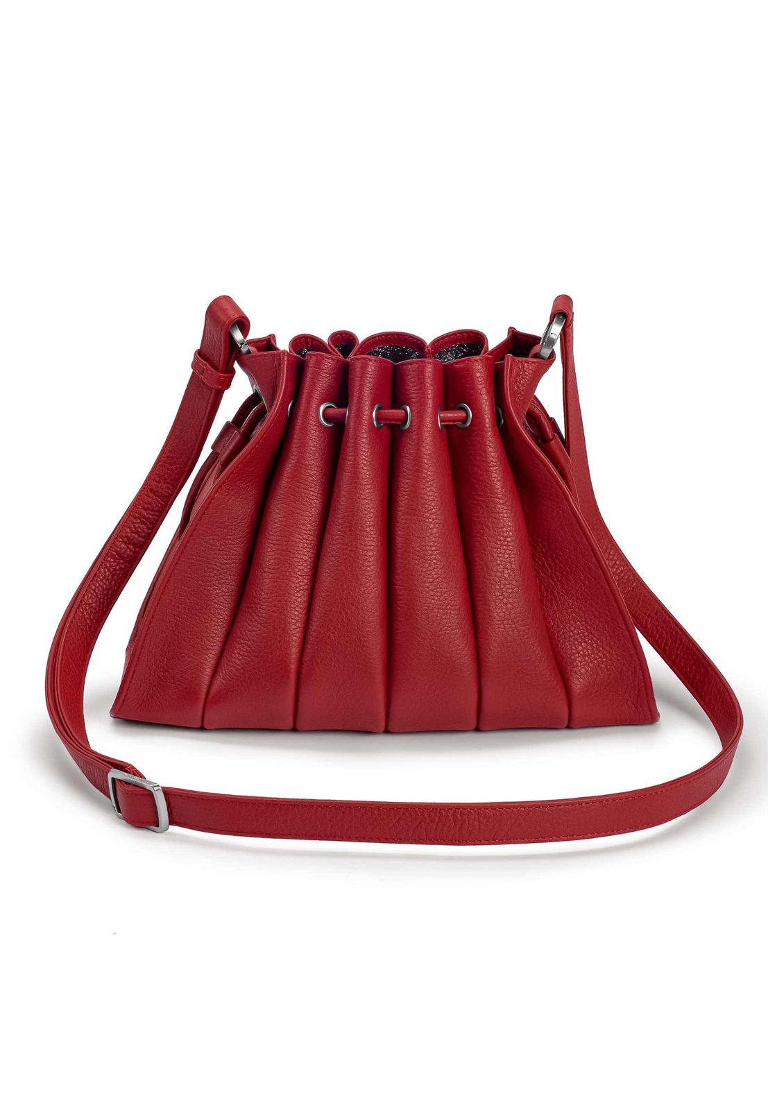 a red leather purse with a strap