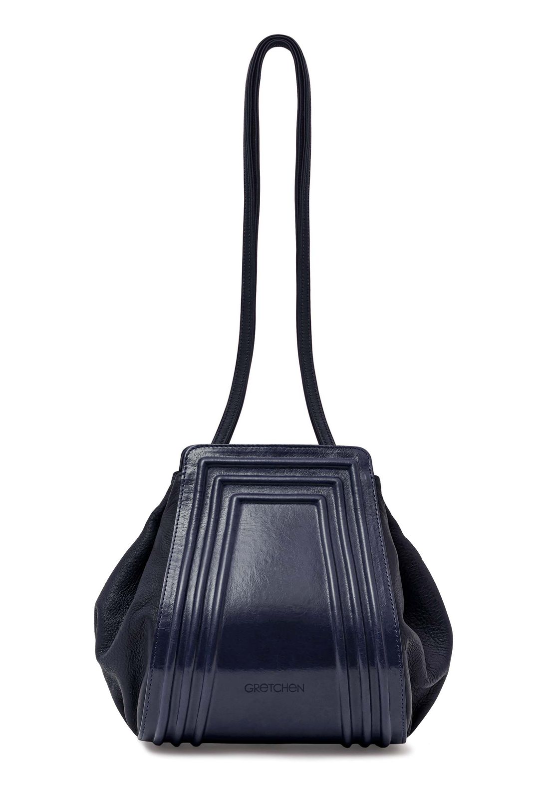 a blue handbag with a black strap