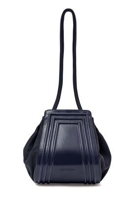 a blue handbag with a black strap