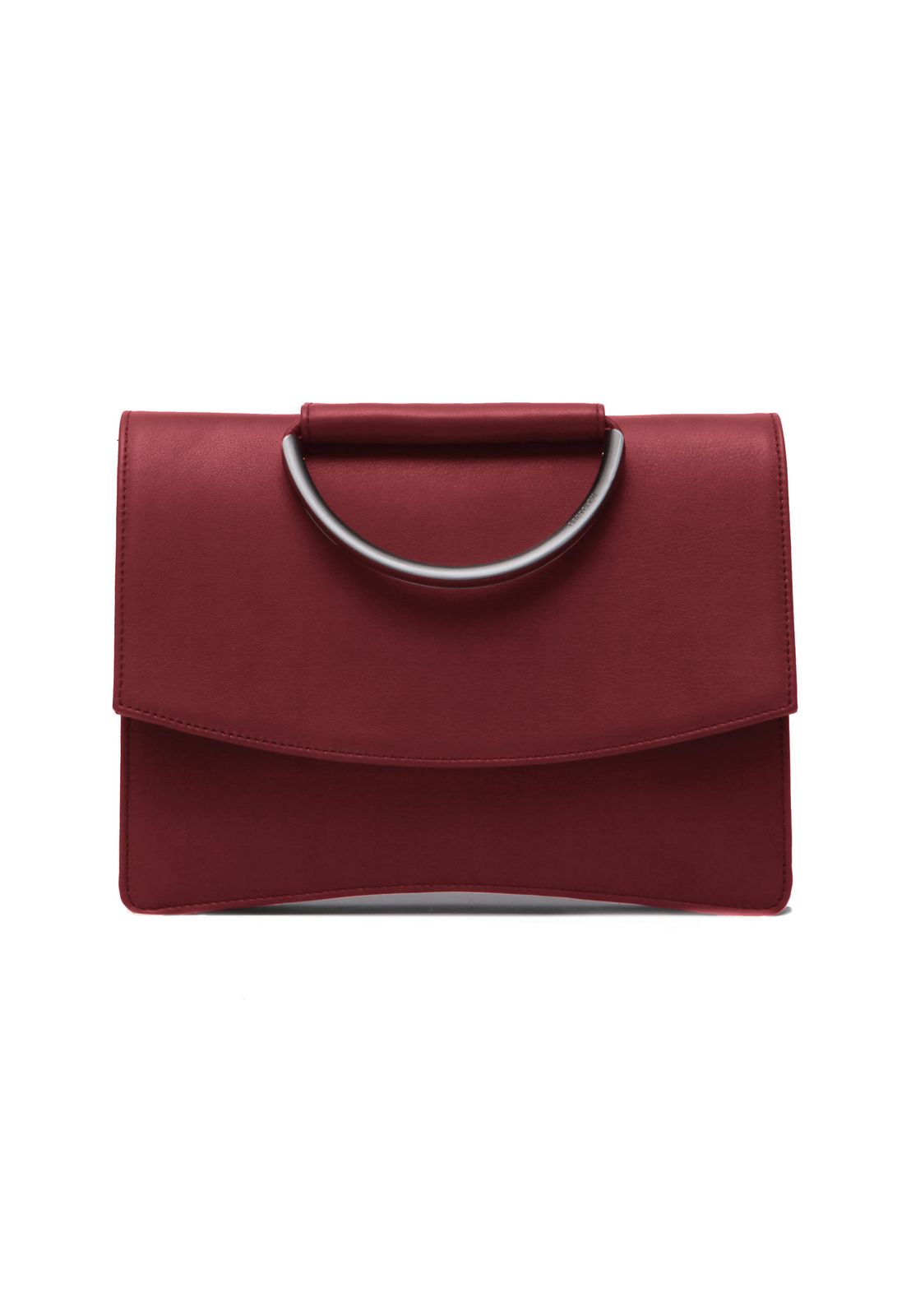 a red purse with a metal handle on a white background