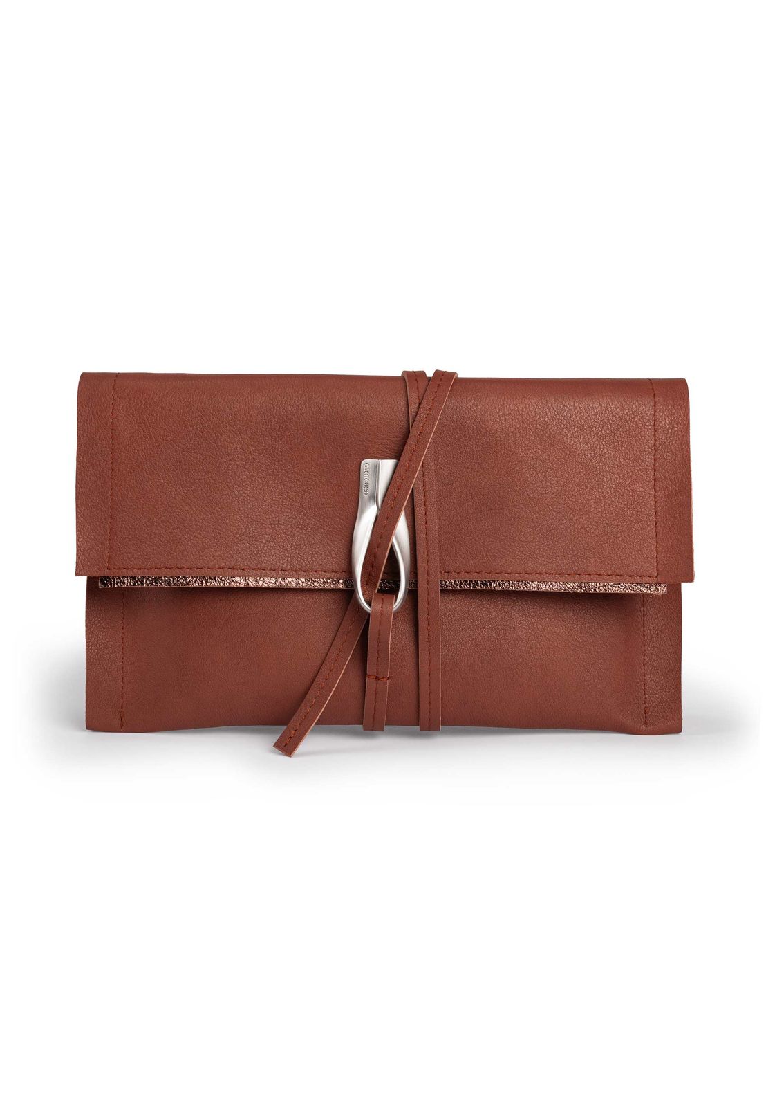 a brown clutch bag with a metal clasp