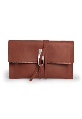 a brown clutch bag with a metal clasp