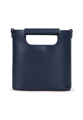 a blue leather bag with a handle